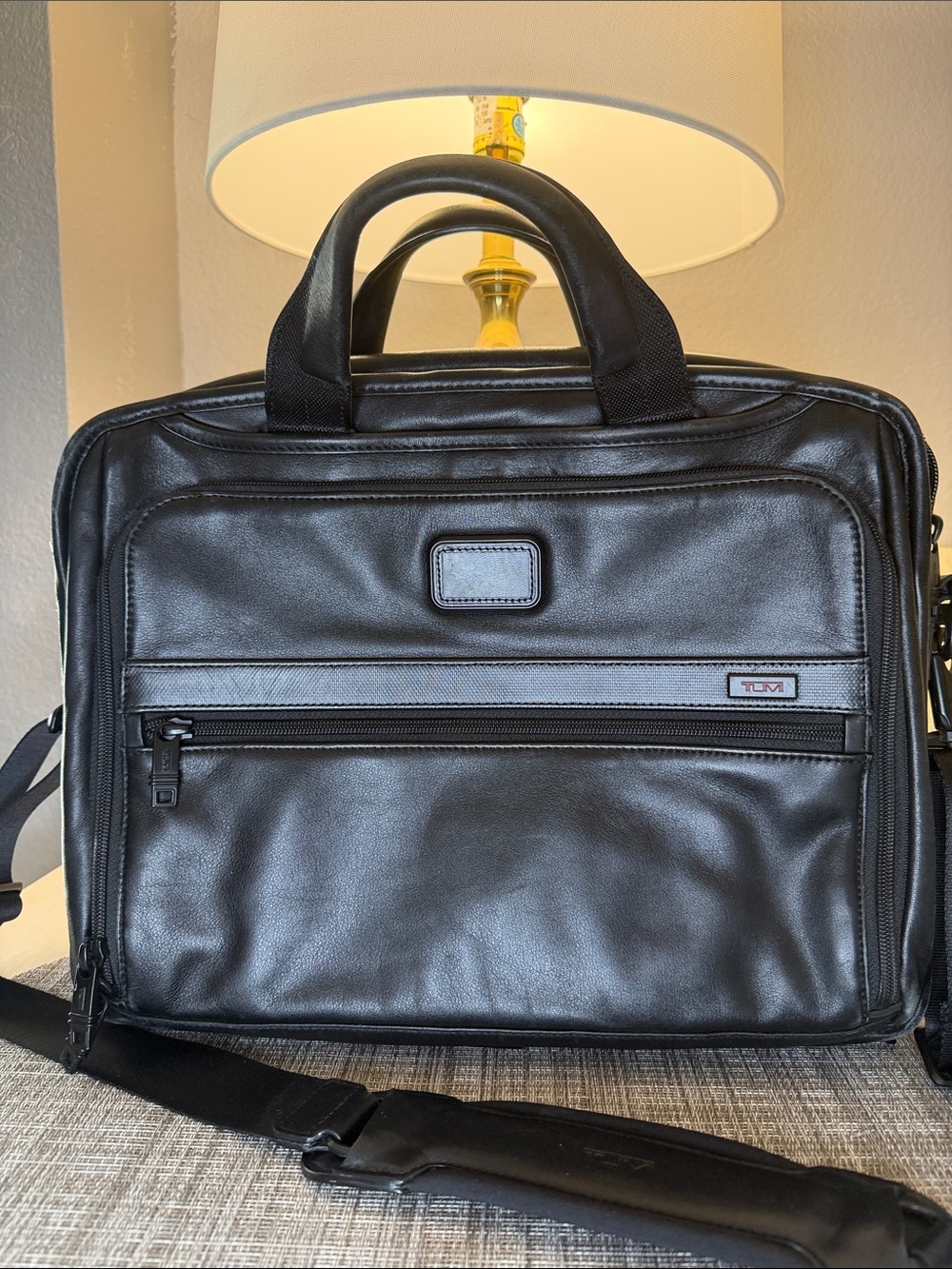 Tumi Black Leather Laptop Briefcase with Shoulder Strap